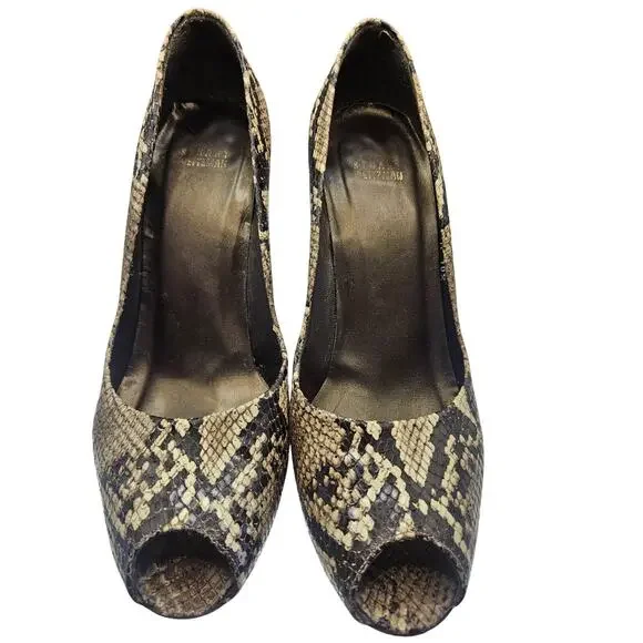 Stuart Weitzman Snakeskin Heels Brown Cream 4" Heel Sz 10.5M - Picture 4 of 10